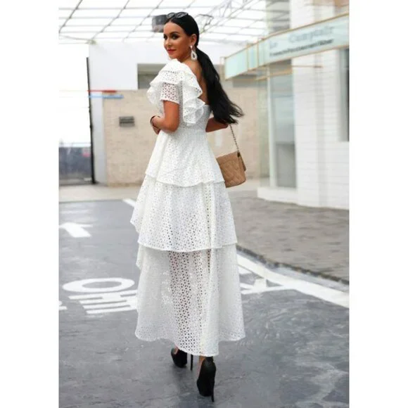 💋UBER GORGE!💋White Floral Crochet One Shoulder Ruffled Asymmetrical Dress - Picture 4 of 16